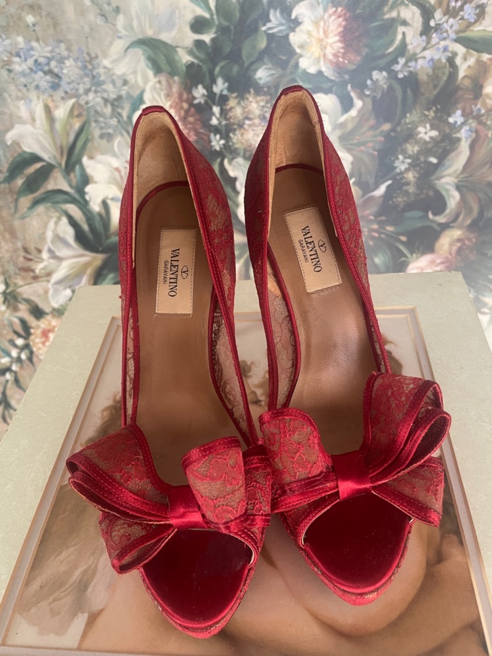 Valentino garavani Red Lace Bow Peep-Toe Pumps